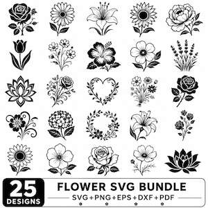 Può includere: Una collezione di 25 illustrazioni floreali in bianco e nero con vari fiori come rose, girasoli, gigli e fiori di loto disposti in una griglia, con il testo 25 FLOWER SVG BUNDLE SVG+PNG+EPS+DXF+PDF nella parte inferiore.