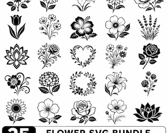 Flower SVG Bundle 25 Designs, Floral SVG, Botanical Flower, Flower Clipart, Flower Cricut Png Dxf Eps, Wildflower Bundle