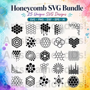 Puede incluir: Una colección digital titulada Honeycomb SVG Bundle que presenta 25 diseños gráficos negros únicos de patrones hexagonales, incluyendo arreglos de goteo, circulares y geométricos sobre un fondo de acuarela colorido.