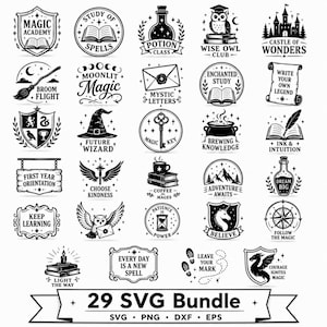 May include: A collection of 29 black and white circular and shield-shaped emblems featuring fantasy themes like magic, owls, castles, potions, and books. Each icon includes text such as Magic Academy, Moonlit Magic, and 29 SVG Bundle, presented in a grid.