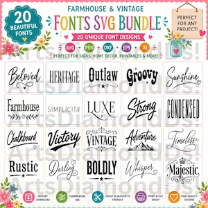 Puede incluir: Un paquete de fuentes digitales que presenta 20 diseños de texto en negro sobre un fondo blanco. La imagen incluye el texto "FARMHOUSE & VINTAGE FONTS SVG BUNDLE" y "20 BEAUTIFUL FONTS" con detalles florales, además de iconos de formato SVG, PNG, DXF, EPS y AI.