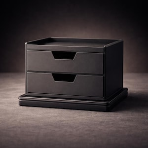 May include: A dark grey, two-drawer storage box with a flat top. The drawers have recessed handles and the box sits on a decorative base. The design is minimalist and modern, suitable for desk organisation.
