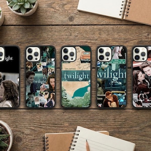May include: Five black phone cases with various designs featuring images from the Twilight movie series. The cases display collages of characters, movie scenes, and the word "Twilight". The cases are arranged on a wooden surface.