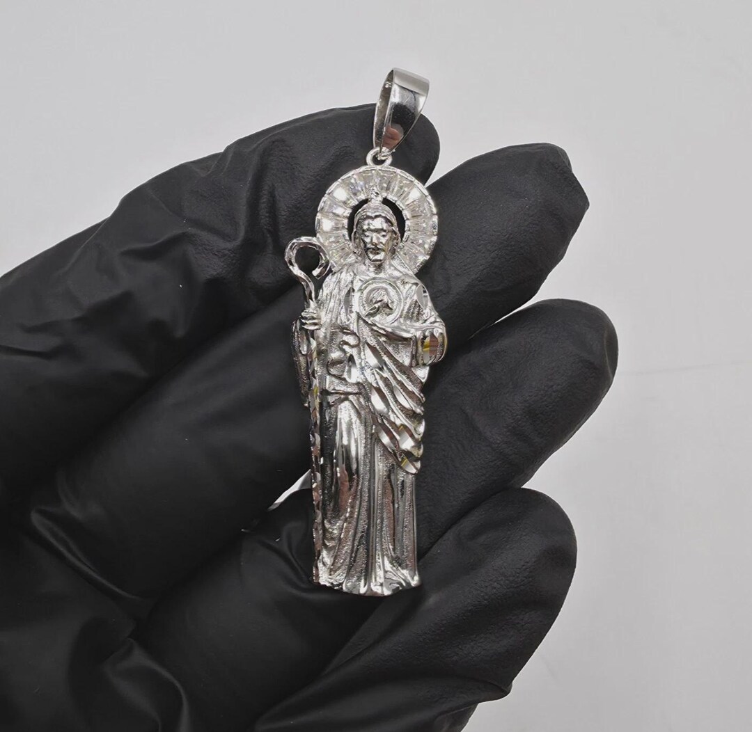 Moissanite San Judas / St. Jude Pendant Solid 925 Sterling Silver Iced ...