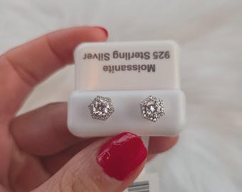 Pendientes de plata 925 con moissanita de 1,18 ct, racimo hexagonal, color D impecable