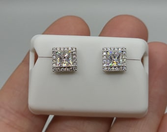 Pendientes de plata 925 con moissanita de 3 quilates, cuadrados con halo, racimo, 3D escarchado