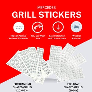 May include: White Mercedes grill stickers for diamond-shaped grills (2016-23) and star-shaped grills (2024+). The stickers are weather-resistant and easy to install. The image shows multiple sheets of stickers.