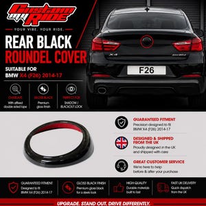 May include: A glossy black circular emblem cover designed for the rear of a BMW X4 F26 model from 2014 to 2017. The product features a smooth, reflective finish and includes adhesive backing for installation over the existing vehicle badge.