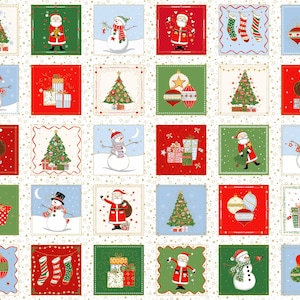 May include: A fabric panel featuring a grid of square illustrations with Christmas themes including Santa Claus, snowmen, decorated pine trees, wrapped gift boxes, hanging stockings, and ornaments in red, green, blue, and white colour palettes.