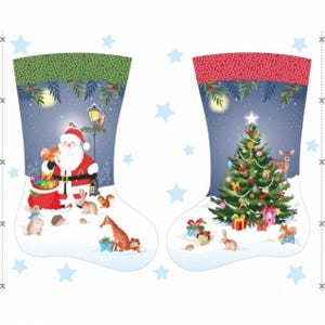 May include: Two Christmas stockings featuring a winter forest scene. The left stocking shows Santa Claus with a sack of gifts and woodland animals. The right stocking displays a decorated Christmas tree with a deer and gifts on snowy ground.