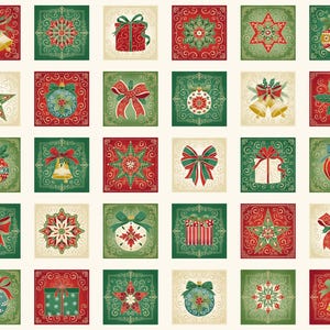 May include: A fabric panel featuring a grid of square illustrations with Christmas motifs including red and green gift boxes, gold bells, stars, ornaments, and bows, all set against a cream background with a vertical holly leaf border.