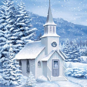 May include: A vertical illustration of a white church with a steeple and a grey door, surrounded by snow-covered pine trees and a snowy path. The scene features falling snowflakes and a decorative border of white snowflakes on a blue background.