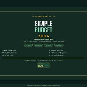 May include: Dark green graphic with the text "SIMPLE BUDGET 2026" and "EVERGREEN COLORWAY". Features include a 12-Month Budget Engine, Auto-Updating Dashboard, and Side-by-Side Charts. Includes Excel & Google Sheets templates.