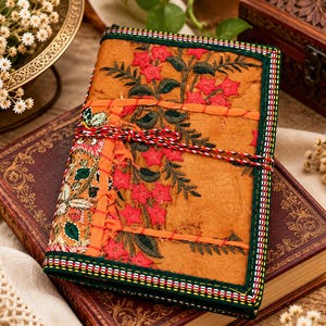 Op de afbeelding: Een rechthoekig dagboek met een beige kaft voorzien van geborduurde roze bloemen en groene bladeren. De kaft heeft een donkergroene rand met witte en gele stiksels, een oranje stoffen strook en een rood, wit en zwart koord als sluiting.