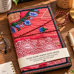 Könnte beinhalten: Ein rechteckiges Notizbuch aus handgeschöpftem Papier mit einem korallenfarbenen Stoffeinband, der mit aufwendigen Blumenstickereien in Blau, Grün und Rosa verziert ist. Eine cremefarbene Papierbanderole trägt den Text HAND MADE PAPER NOTE BOOK.