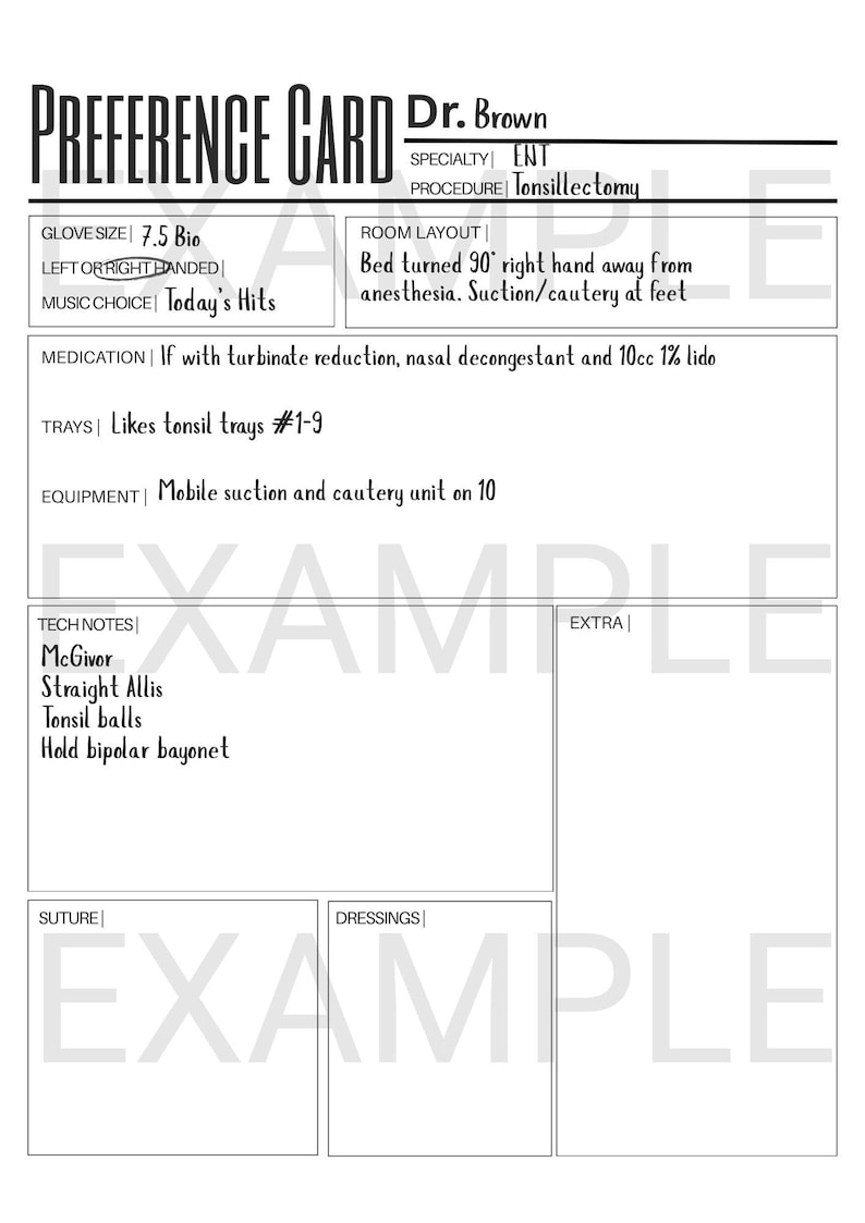 Provider Preference Layout Surgical Preference Card for Surgical Tech, Operating Room Nurse ...