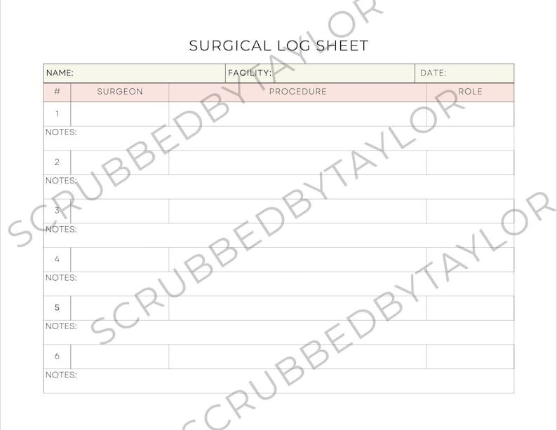 Surgical Case Log Sheet for Surgical Tech, Operating Room Nurse ...