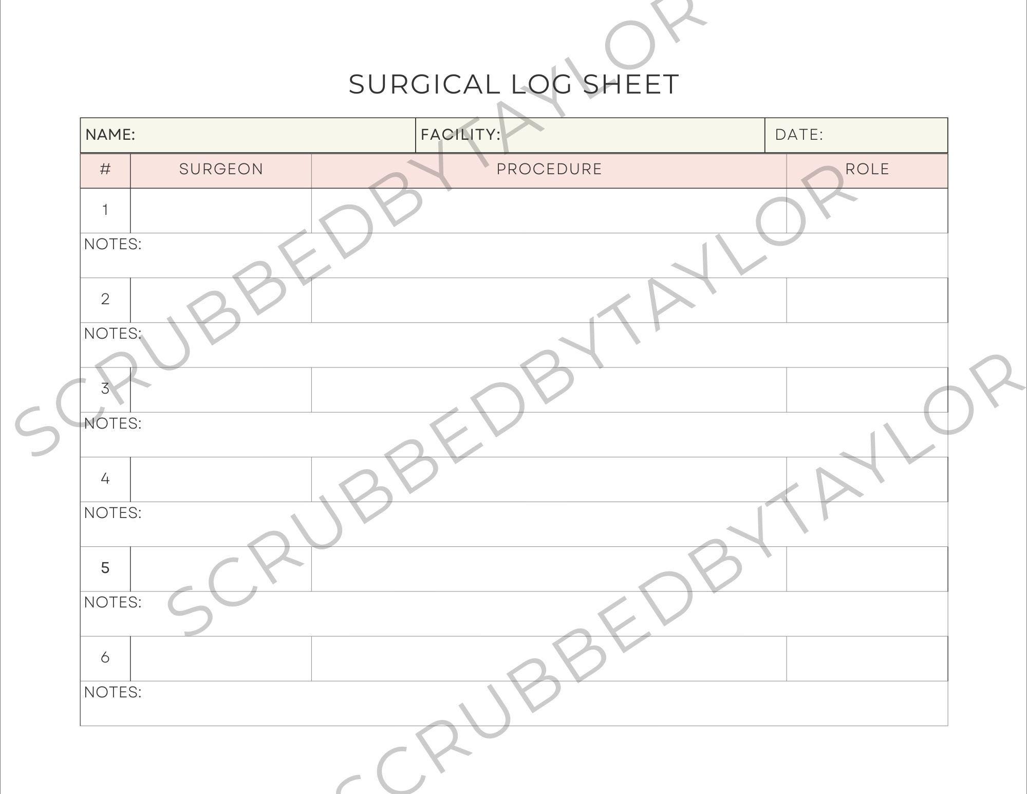 Surgical Case Log Sheet for Surgical Tech, Operating Room Nurse ...