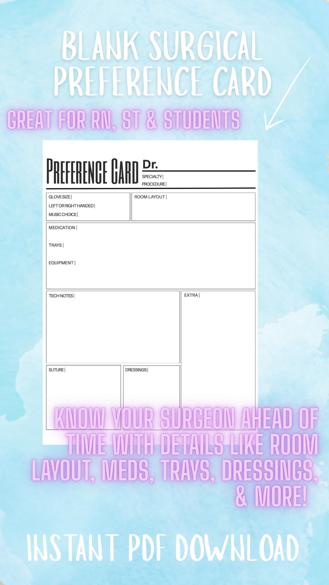 Surgical Preference Card for Surgical Tech, Operating Room Nurse ...