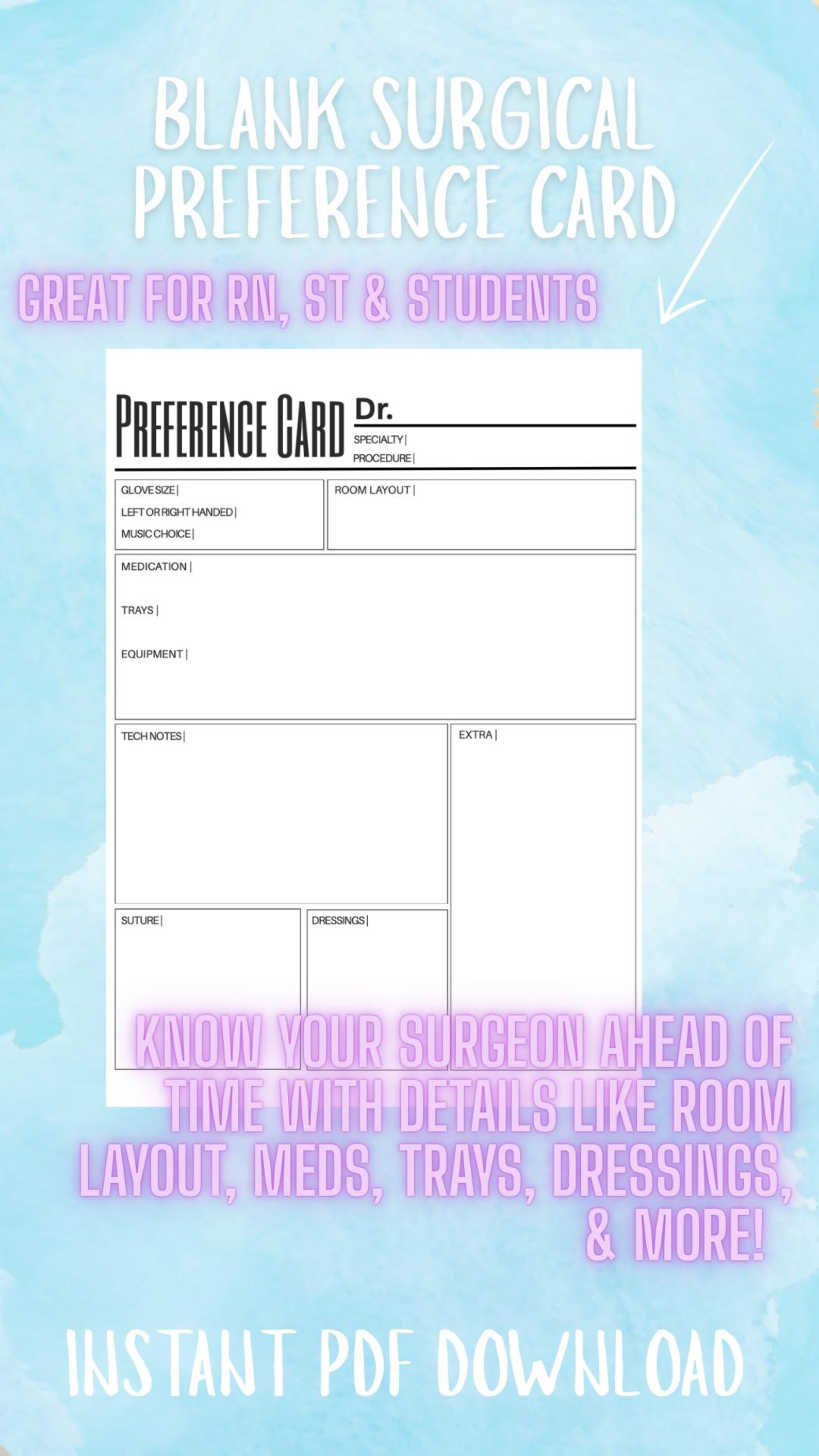 Surgical Preference Card for Surgical Tech, Operating Room Nurse ...