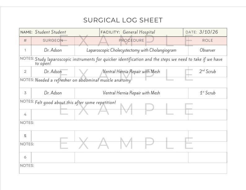 Surgeon Chart Notes Examples Surgical Case Log Sheet for Surgical Tech, Operating Room Nurse ...