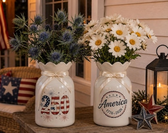 America 250 Semiquincentennial Flower Vase, Custom Flag 250 Ceramic Pot, 1776-2026 Anniversary Centerpiece, Patriotic Farmhouse Decor