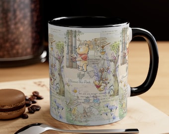 Vintage Storybook Bear Mug, Soft Floral Coffee Cup for Cozy Gift Lovers, 11oz Black Handle Mug with Woodland Collage Design