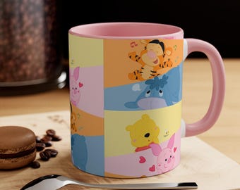 Pastel Storybook Animal Mug, Cute Character Coffee Cup for Cozy Gift Lovers, 11oz Pink Handle Mug with Colorful Friends Design
