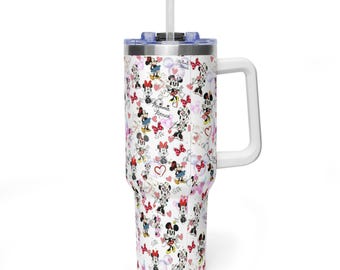 Vaso térmico Minnie Mouse Hearts de 1,2 litros con asa, vaso con lazos de Minnie y lunares, taza de viaje romántica rosa de Disney.