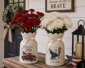 America 250 Semiquincentennial Flower Vase, Custom Vintage Truck and Eagle Ceramic Pot, 1776-2026 Anniversary Centerpiece, Patriotic Decor