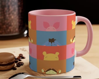 Cute Storybook Animal Mug, Pastel Patchwork Coffee Cup for Cozy Gift Lovers, 11oz Pink Handle Mug with Whimsical Character Design