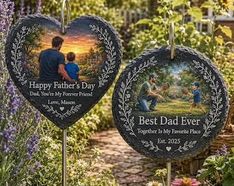 Personalized Dad Memorial Plaque with Photo, Custom Father's Day Garden Stone, Loss of Father Sympathy Gift, Heart Slate Stake