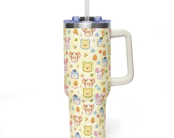 Vaso térmico de Winnie the Pooh de 1,2 litros con asa, diseño de Tigger, Piglet y Eeyore, taza de viaje con diseño de Doodle en amarillo pastel, taza de acero inoxidable con aislamiento térmico.