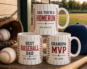 Personalized Baseball Dad Mug, Custom Homerun Gift for Dad or Grandpa, 11oz Sports Coffee Cup with Kids Names for Father’s Day