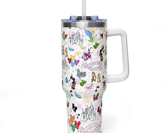 Classic DisneyWorld Princess 40oz Tumbler with Handle, Cream Matte Princess Portrait Quencher, Cinderella Ariel Tiana Travel Mug