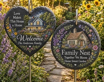 Custom Family Housewarming Garden Stone, Personalized New Home Plaque, Full Color Slate Welcome Sign, Family Nest Yard Stake