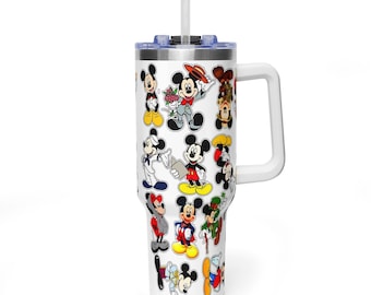 Mickey Mouse Eras 40oz Tumbler with Handle, Retro Sticker Bomb Mickey Quencher, Travel Mug, 40oz Insulated Stainless Steel Cup