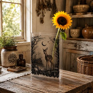 Puede incluir: Un jarrón rectangular transparente con una escena de bosque en blanco y negro con un ciervo, una luna y una casa. Un girasol amarillo brillante está colocado dentro del jarrón. El jarrón está sobre una mesa de madera.