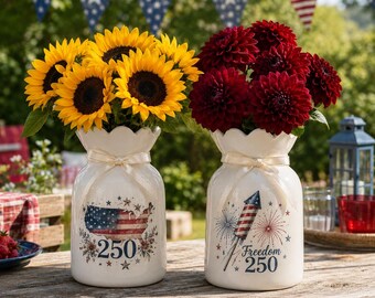 America 250 Flower Vase, Custom US Map and Rocket Ceramic Pot, 250 Years of Freedom Anniversary Centerpiece, Patriotic Decor