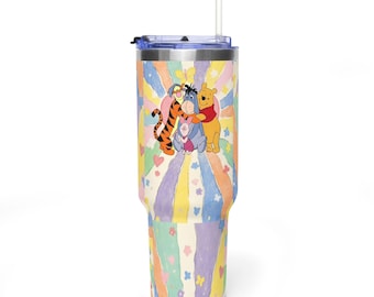 Winnie the Pooh Retro 40oz Tumbler with Handle, Cute Tigger Eeyore Piglet Quencher, Vintage Travel Mug, 40oz Insulated Stainless Steel Cup