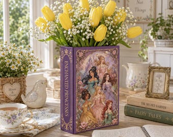 Enchanted Princesses Book Vase, Whimsical Fairytale Library Decor, Aesthetic Purple Castle Flower Pot, Cute Literary Gift Her