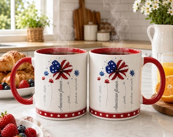 Patriotic American Flower Mug, Gift for USA Coffee Lovers, 4th of July 250th Anniversary Cup, 1776-2026 Commemorative, Red Handle Design