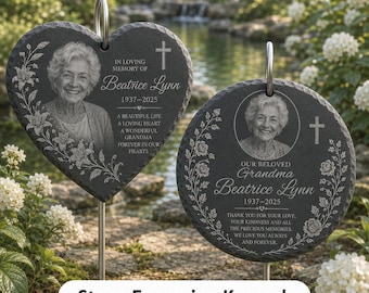 Personalized Photo Memorial Stone for Garden, Custom Grandma Remembrance Grave Marker, Loss of Mother Sympathy Gift, Heart Slate Plaque