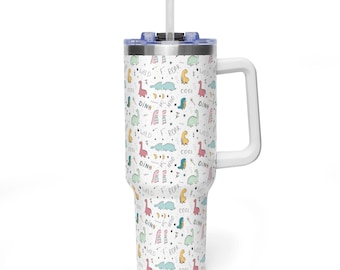 Cute Dino Doodle 40oz Tumbler with Handle, Kids Cartoon Dinosaur Quencher, Pastel Prehistoric Travel Mug, 40oz Insulated Stainless Steel Cup