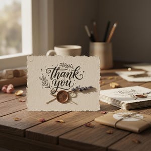 Puede incluir: Una tarjeta crema con las palabras "Thank You" en escritura elegante, adornada con una ramita de lavanda y un sello de cera. La tarjeta est&aacute; sobre una superficie de madera, con otras tarjetas y un regalo envuelto en el fondo.