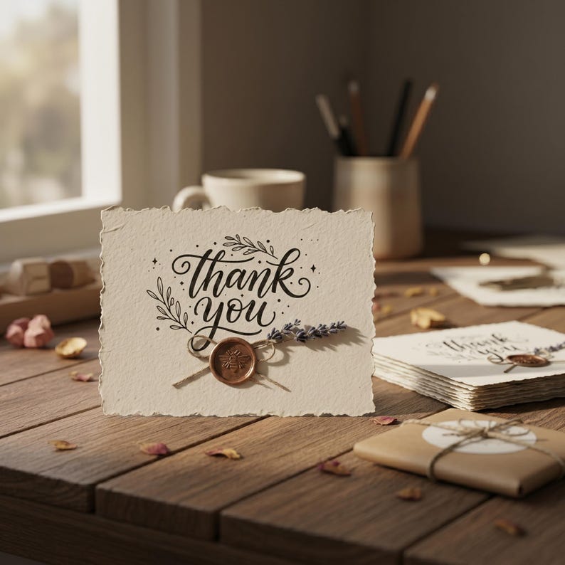 Puede incluir: Una tarjeta crema con las palabras "Thank You" en escritura elegante, adornada con una ramita de lavanda y un sello de cera. La tarjeta est&aacute; sobre una superficie de madera, con otras tarjetas y un regalo envuelto en el fondo.