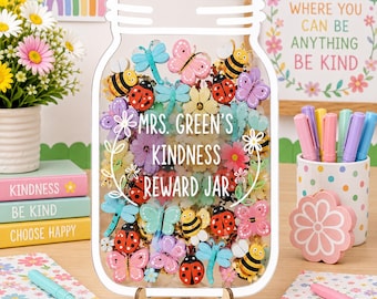 Personalized Kindness Reward Jar, Wooden Garden Theme Classroom Incentive, Custom Insect Token Board for Kids, Back to School Gift