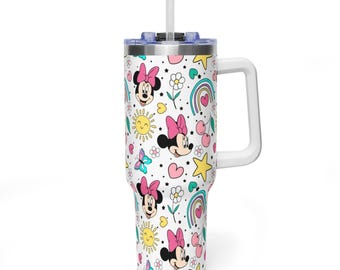 Minnie Mouse Whimsical 40oz Tumbler with Handle, Colorful Rainbow Minnie, Cute Pink Bow Travel Mug, 40oz Insulated Stainless Steel Cup