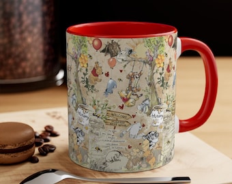 Vintage Honey Bear Mug, Woodland Storybook Coffee Cup for Cozy Reading Lovers, 11oz Red Handle Mug with Forest Collage Design
