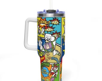 Space Ranger Comic Tumbler Mug with Handle, Anime Cartoon 40oz Insulated Cup, Nostalgic Birthday Gift for Him, Cute Alien Travel Bottle